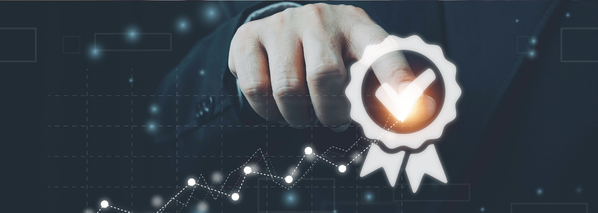 A hand in a suit points to a glowing checkmark badge. A dotted line graph symbolizes growth and success on a dark, abstract digital background.
