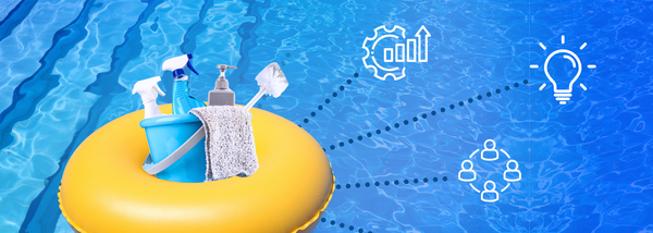 Cleaning supplies in a bucket on a yellow float in a pool. Icons of a graph, light bulb, .